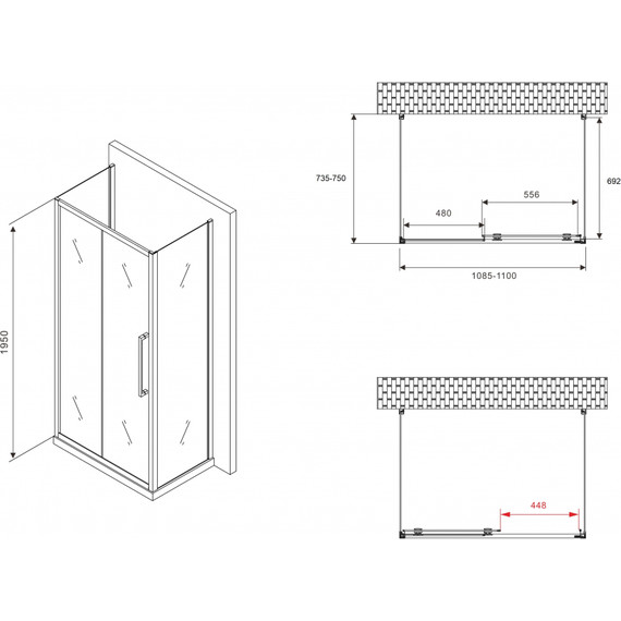 Душевое ограждение Abber Schwarzer Diamant 110x75 см AG30110MH-S75M-S75M, хром/матовое фото 5