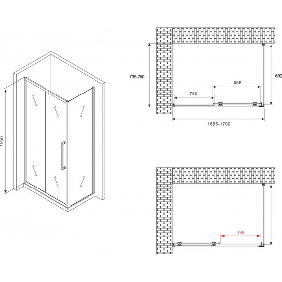 Душевое ограждение Abber Schwarzer Diamant 170x75 см AG30170H-S75, хром/прозрачное фото 5