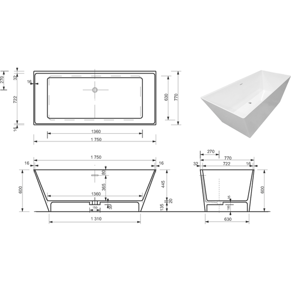 Ванна каменная Эстет Манхэттен silk 175x77 см ФР-00014435, белый матовый фото 4