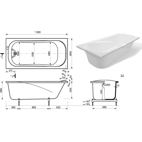 Ванна каменная Эстет Альфа silk 180x80 см ФР-00014522, белый матовый фото 4
