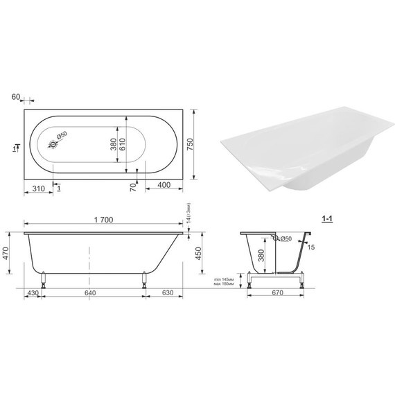 Ванна каменная Эстет Chester slim 170x75 см ФР-00015351 (тонкий бортик) фото 6