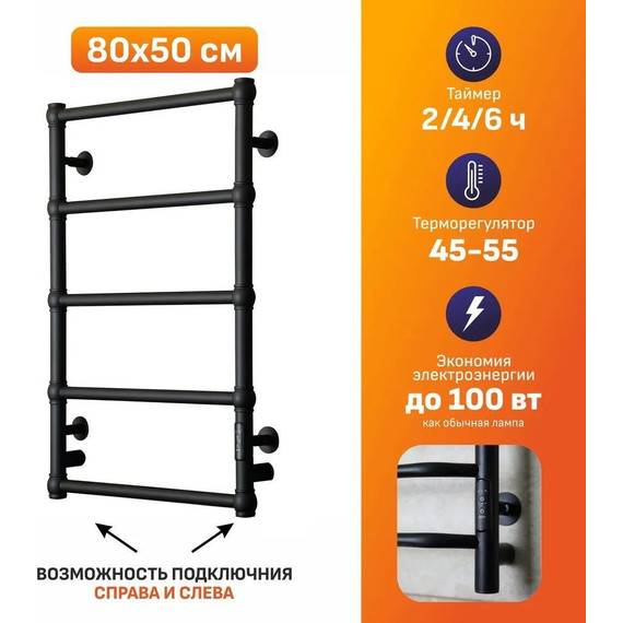 Полотенцесушитель электрический Тругор Ретро Пэк сп П5 500х800 мм (возможность скрытого подключения) 00-00046792, чёрный фото 2