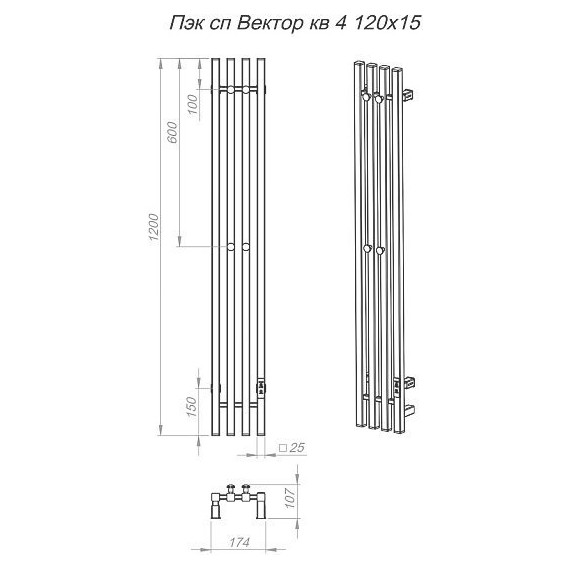 Полотенцесушитель электрический Тругор Пэк сп Вектор кв 4 П4 150х1200 мм (возможность скрытого подключения) 00-00047112, графит фото 3
