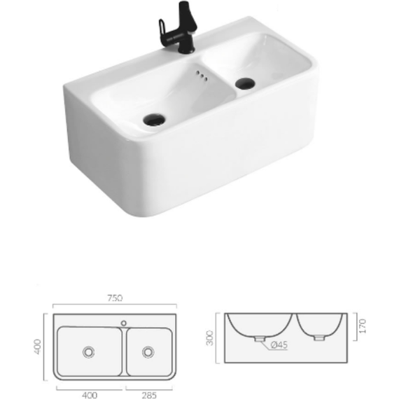 Раковина подвесная двойная CeramaLux 75 см A1007 - 2 Раковина подвесная двойная CeramaLux 75 см A1007 фото 2