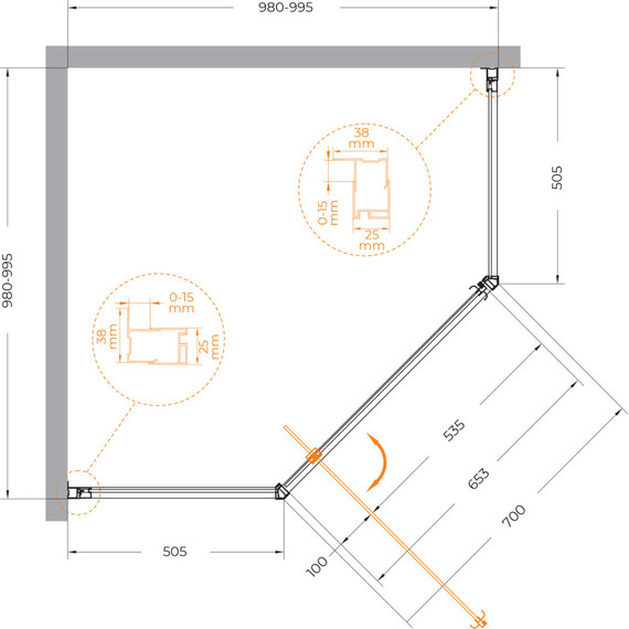 Душевое ограждение Cezares 100х100 см ECO-O-P-1-100-P-Cr, хром/матовое фото 2