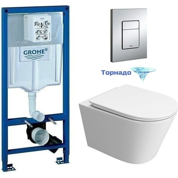 Инсталляция с подвесным унитазом комплект: Grohe Rapid SL 38772001 с подвесным безободковым унитазом BelBagno Tre-Tor BB5180CH-TOR/SC сиденье микролифт, крепление, кнопка смыва хром (Система смыва торнадо) фото 