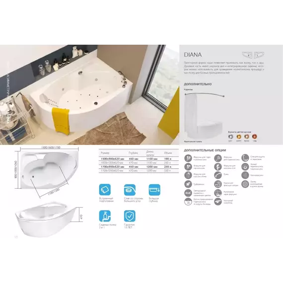 Ванна акриловая 1Marka Diana 150x90 см L, Размер - мм: 1500х900 фото 10