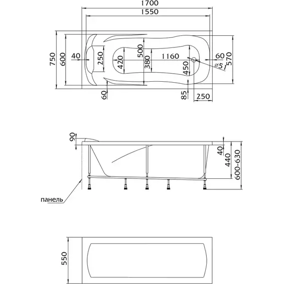 Ванна акриловая 1Marka Calypso 170x75 см фото 13