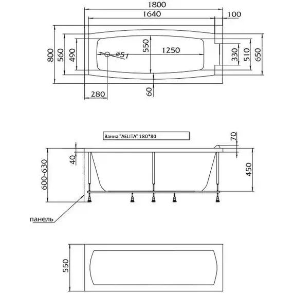 Ванна акриловая 1Marka Aelita 180x80 см, Размер - мм: 1800х800 фото 15