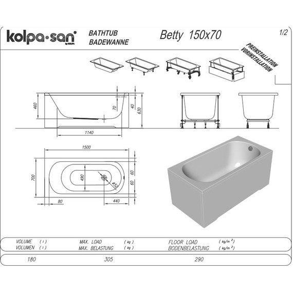 Ванна акриловая Kolpa-San Betty 150х70 см, Размер - мм: 1500х700 фото 3