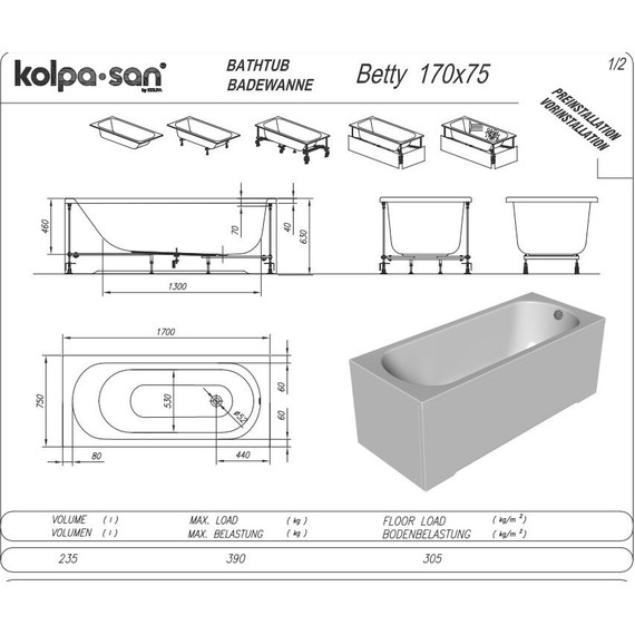 Ванна акриловая Kolpa-San Betty 170х75 см, Размер - мм: 1700х750 фото 3