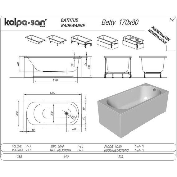 Ванна акриловая Kolpa-San Betty 170х80 см, Размер - мм: 1700х800 фото 3