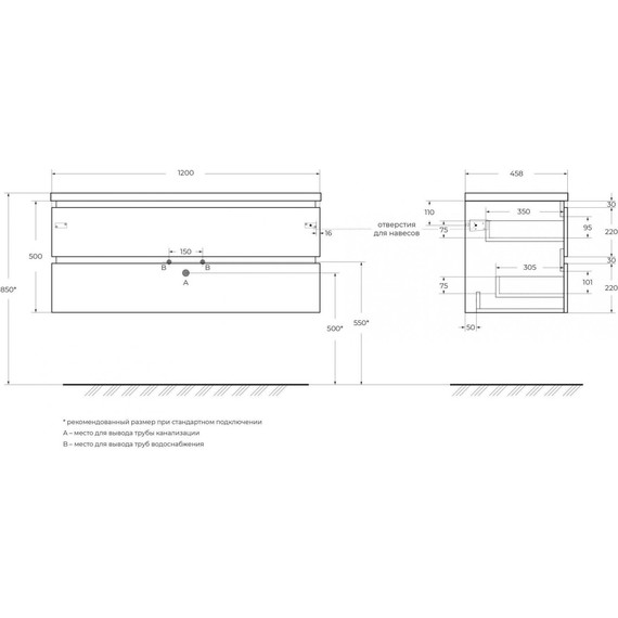 Тумба подвесная с раковиной Cezares PLANE-1200-2C-SO-BL 120 см (раковина CZR-8070-120-1-2) bianco lucido фото 9