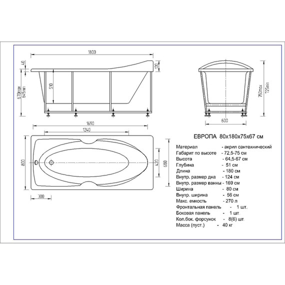 Ванна акриловая Aquatek Европа 180x80 см фото 4