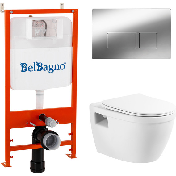 Инсталляция с подвесным безободковым унитазом BelBagno Loto BB070CHR/SC/BB026/BB041CR (кнопка смыва, хром) фото 