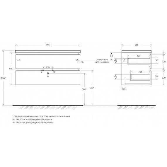 Тумба подвесная с раковиной Cezares PLANE-1000-2C-SO-BL 100 см (раковина CZR-8070-100) bianco lucido фото 5