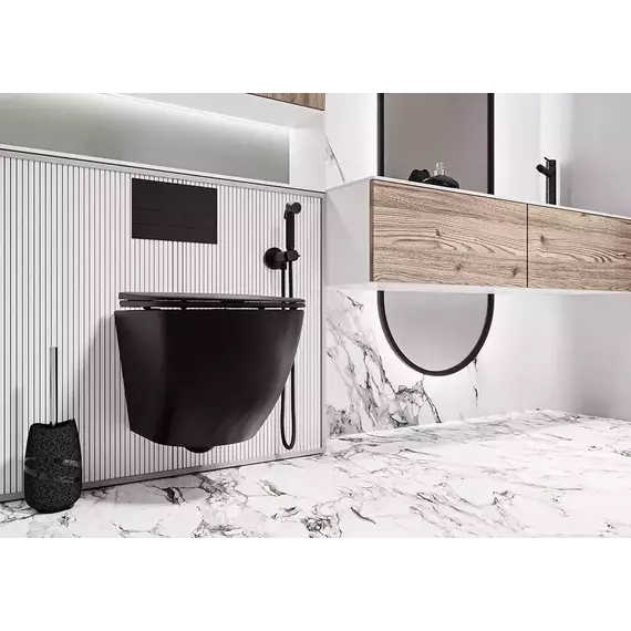 Унитаз подвесной безободковый Veconi Moro VMO-48TB (Система смыва торнадо) с крышкой микролифт, чёрный, Цвет производителя: чёрный фото 2