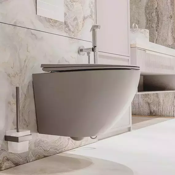 Унитаз подвесной безободковый Veconi Moro VMO-48TGr (Система смыва торнадо) с крышкой микролифт, серый, Цвет производителя: серый фото 3