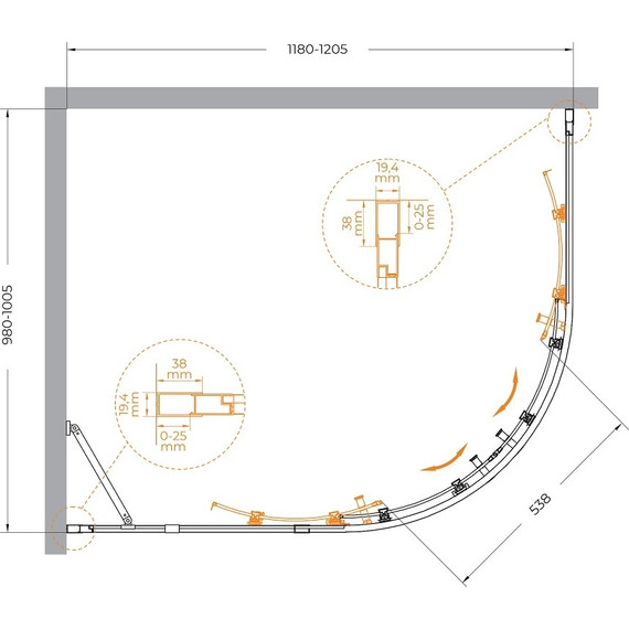 Душевое ограждение Cezares 120x100 см MOLVENO-RH-2-120/100-C-BORO-IV, брашированное золото/прозрачное фото 7