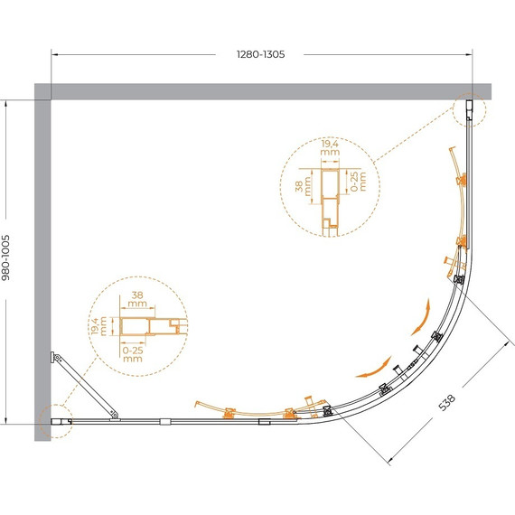 Душевое ограждение Cezares 130x100 см MOLVENO-RH-2-130/100-C-GM-IV, оружейная сталь/прозрачное фото 7
