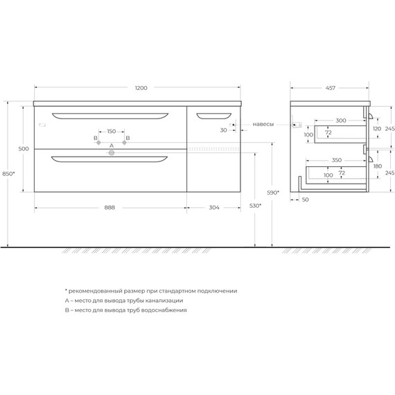 Тумба подвесная с раковиной Cezares 120 см ECO-CER-N-1200-2C-1A-SO-BL-L, bianco lucido фото 3