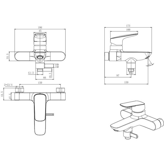 Набор смесителей 3 в 1 для ванны с коротким изливом Aquatek Вега AQ1030MB, чёрный матовый, Цвет производителя: чёрный матовый фото 17