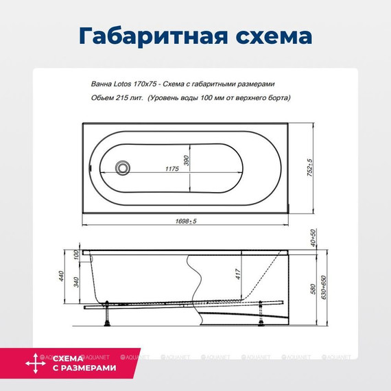 Ванна акриловая Aquanet Lotos 170х75 см 311882 (в комплекте каркас) фото 20