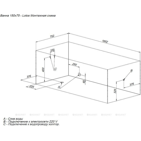 Ванна акриловая Aquanet Lotos 150х75 см 336532 (в комплекте каркас) фото 21