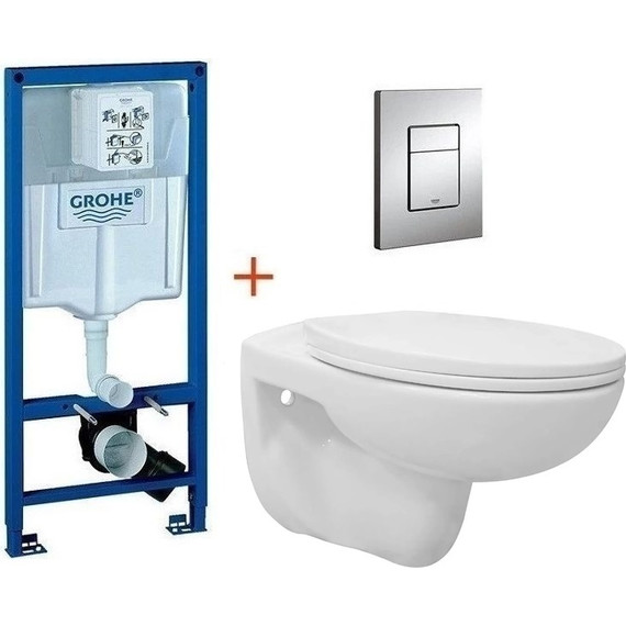 Инсталляция с подвесным унитазом комплект: Grohe Rapid SL 38772001 с подвесным безободковым унитазом Loranto Fredo CS-WH8005 сиденье микролифт, крепление, кнопка смыва хром фото 