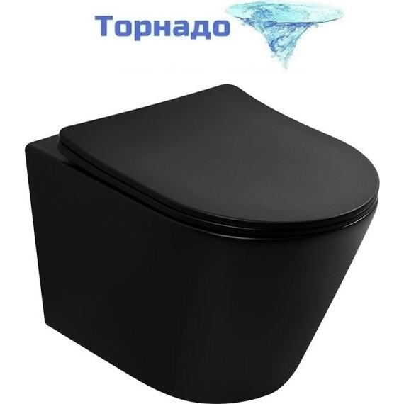 Унитаз подвесной безободковый Abber Bequem AC1102TMB с крышкой микролифт, чёрный матовый (система смыва Торнадо), Цвет производителя: чёрный матовый фото 