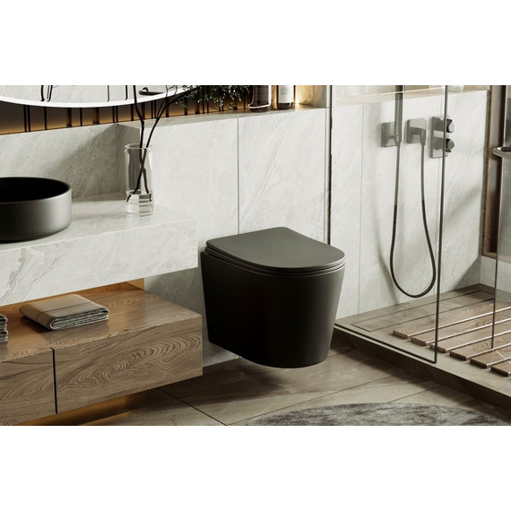 Унитаз подвесной безободковый Abber Bequem AC1102TMB с крышкой микролифт, чёрный матовый (система смыва Торнадо), Цвет производителя: чёрный матовый фото 8