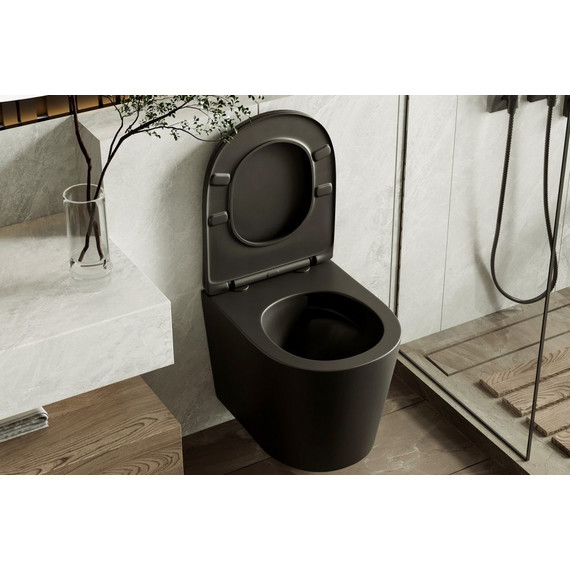 Унитаз подвесной безободковый Abber Bequem AC1102TMB с крышкой микролифт, чёрный матовый (система смыва Торнадо), Цвет производителя: чёрный матовый фото 9