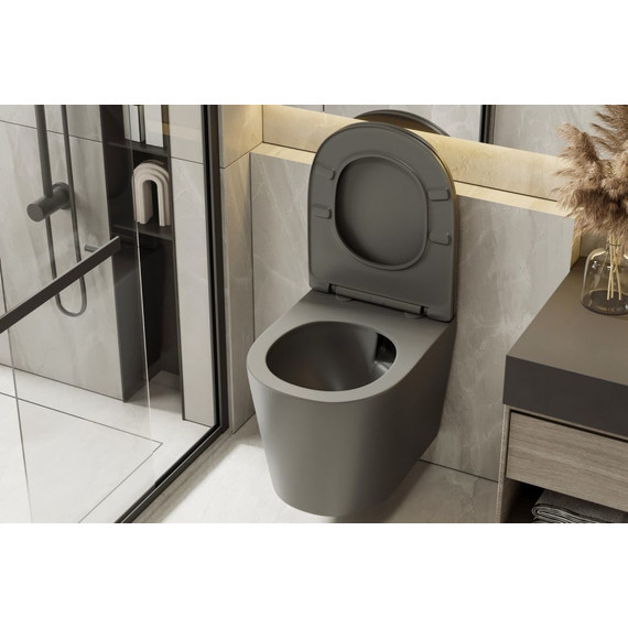 Унитаз подвесной безободковый Abber Bequem AC1102TMG с крышкой микролифт, серый матовый (система смыва Торнадо), Цвет производителя: серый - 9 Унитаз подвесной безободковый Abber Bequem AC1102TMG с крышкой микролифт, серый матовый (система смыва Торнадо), Цвет производителя: серый фото 9
