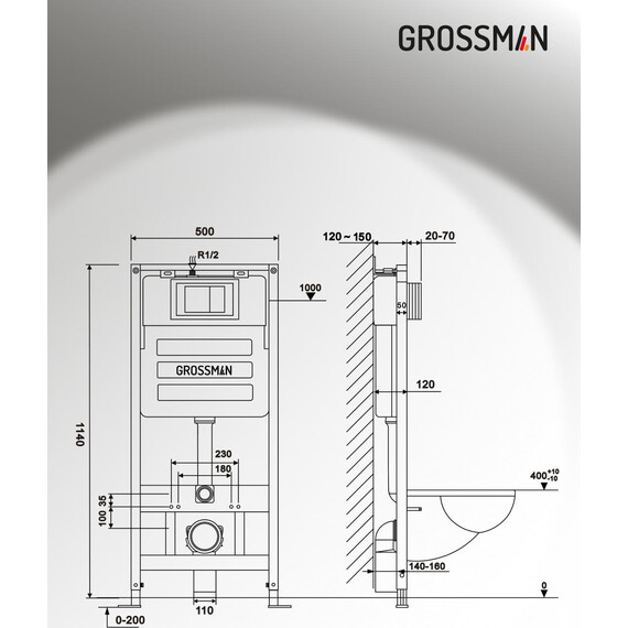 Инсталляция с подвесным унитазом комплект: Grossman Classic 900.K31.01.000 с подвесным безободковым унитазом GR-4477BMSQ сиденье микролифт, крепление, кнопка смыва 700.K31.04.10M.10M хром глянцевый фото 12
