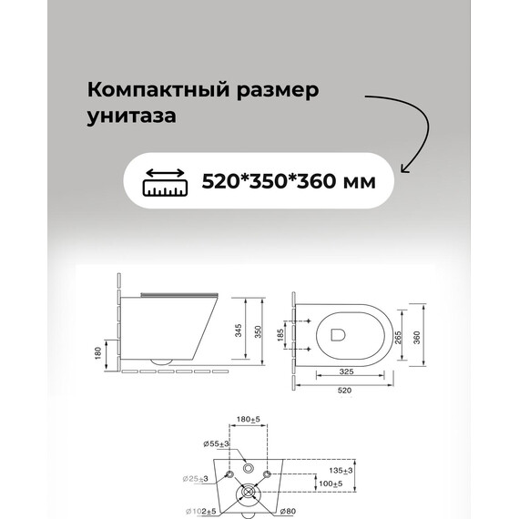 Инсталляция с подвесным унитазом комплект: Grossman Classic 900.K31.01.000 с подвесным безободковым унитазом GR-4478BMS сиденье микролифт, крепление, кнопка смыва 700.K31.04.21M.21M чёрный матовый фото 14