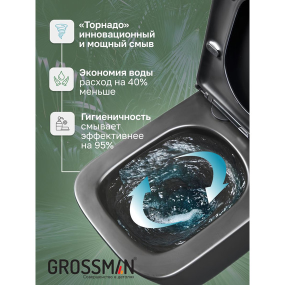 Унитаз подвесной безободковый Grossman GR-4404BMSQ с крышкой микролифт, чёрный матовый (Система смыва торнадо), Цвет производителя: чёрный матовый фото 10