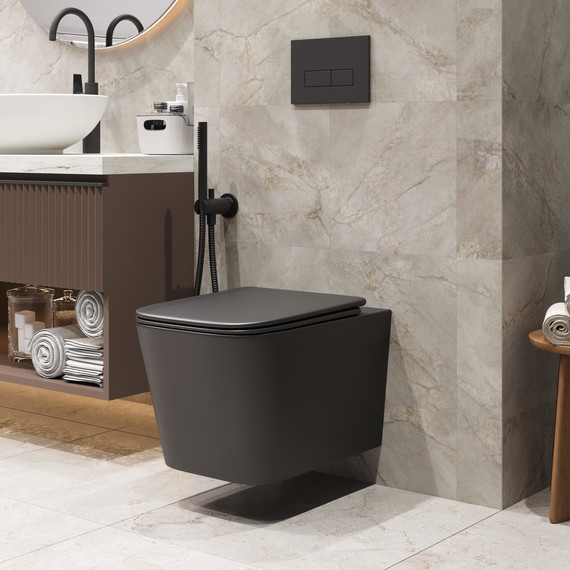 Унитаз подвесной безободковый Grossman GR-4404BMSQ с крышкой микролифт, чёрный матовый (Система смыва торнадо), Цвет производителя: чёрный матовый фото 12