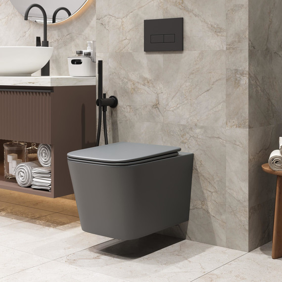 Унитаз подвесной безободковый Grossman GR-4404GMSQ с крышкой микролифт, серый матовый (Система смыва торнадо), Цвет производителя: серый матовый - 11 Унитаз подвесной безободковый Grossman GR-4404GMSQ с крышкой микролифт, серый матовый (Система смыва торнадо), Цвет производителя: серый матовый фото 11