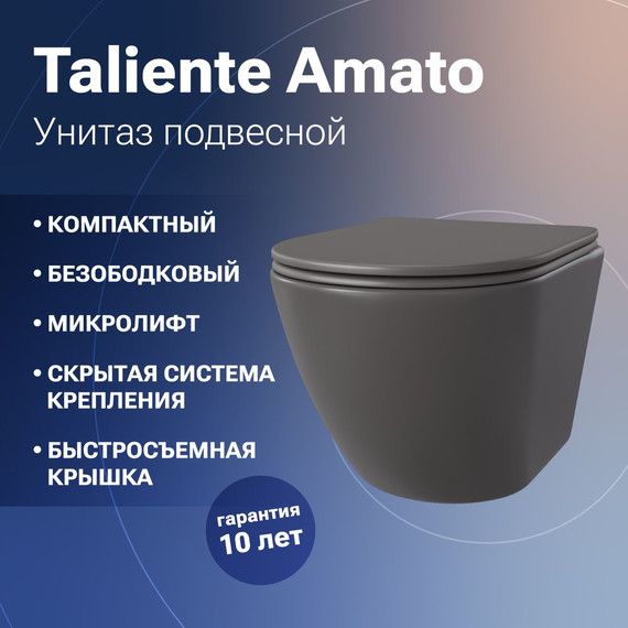 Унитаз подвесной безободковый Taliente Amato AM25010 Grigio с крышкой микролифт, серый, Цвет производителя: серый фото 