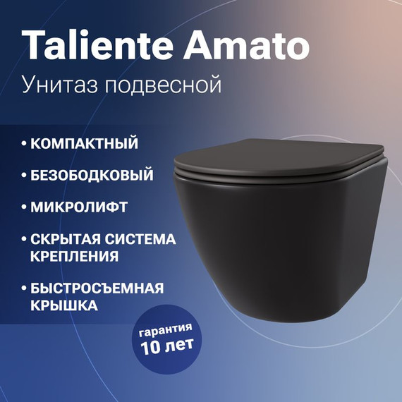 Унитаз подвесной безободковый Taliente Amato AM25010 Nero с крышкой микролифт, чёрный матовый фото 