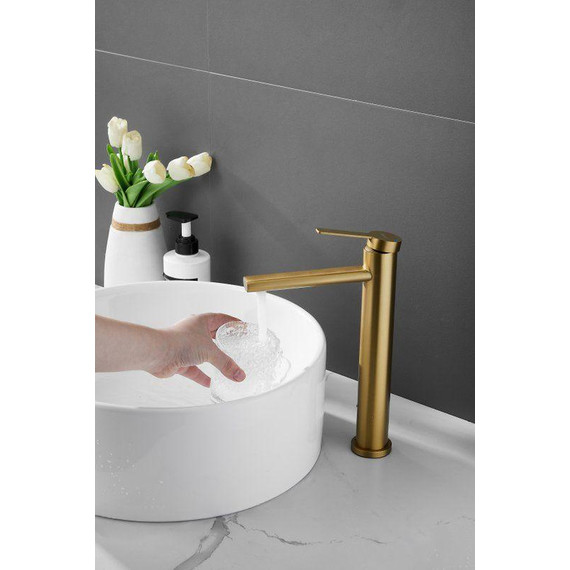 Смеситель для раковины высокий Belz B11813-5, золото брашированное фото 16