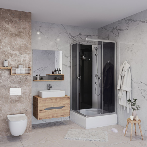 Душевая кабина Niagara Eco E90/26Q/TN/BK 90х90х195 см, средний поддон (30см), хром матовый, стекло тонированное (безсиликоновая сборка) фото 2