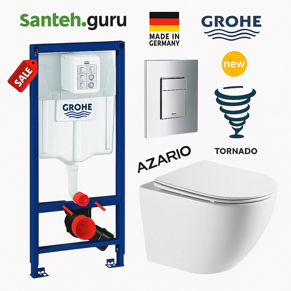 Инсталляция с подвесным унитазом комплект: Grohe Rapid SL 38772001 с подвесным безободковым унитазом Azario Grado AZ-0046-UQ3 сиденье микролифт, крепление, кнопка смыва хром (Система смыва торнадо), Цвет производителя: белый -  Инсталляция с подвесным унитазом комплект: Grohe Rapid SL 38772001 с подвесным безободковым унитазом Azario Grado AZ-0046-UQ3 сиденье микролифт, крепление, кнопка смыва хром (Система смыва торнадо), Цвет производителя: белый фото