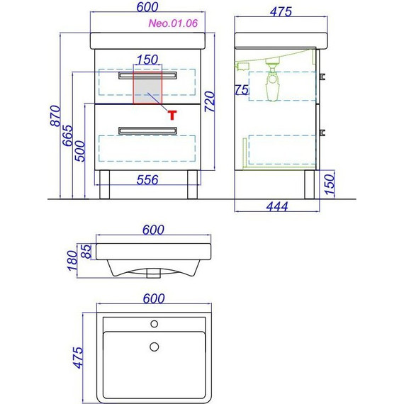 Тумба напольная с раковиной Aqwella Нео 60 см Neo.01.06 фото 7