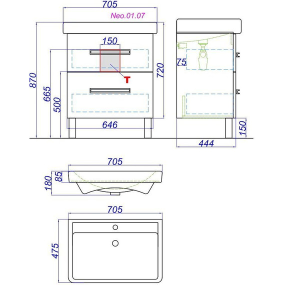 Тумба напольная с раковиной Aqwella Нео 70 см Neo.01.07 фото 8