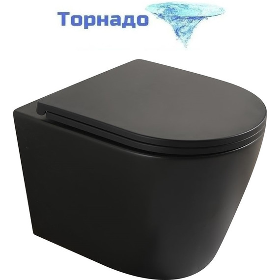 Унитаз подвесной безободковый Veconi Ando VAN-48TB (Система смыва торнадо) с тонкой крышкой микролифт, чёрный матовый фото 