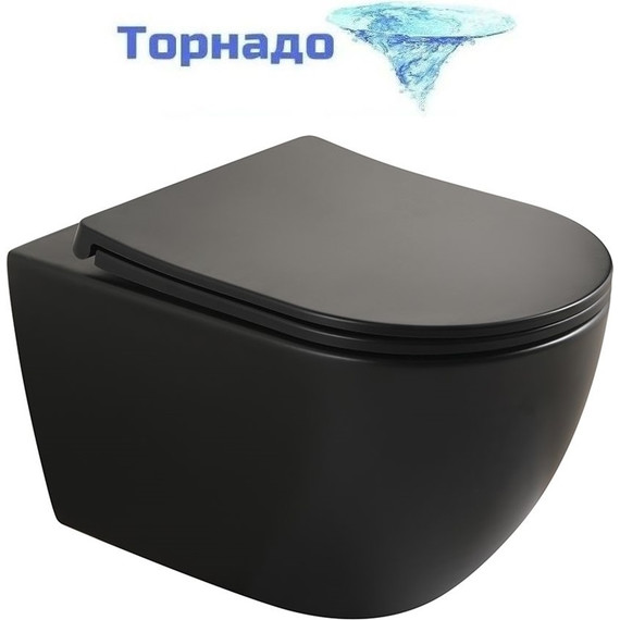 Унитаз подвесной безободковый Veconi Ento VEN-52TB (Система смыва торнадо) с тонкой крышкой микролифт, чёрный матовый фото 