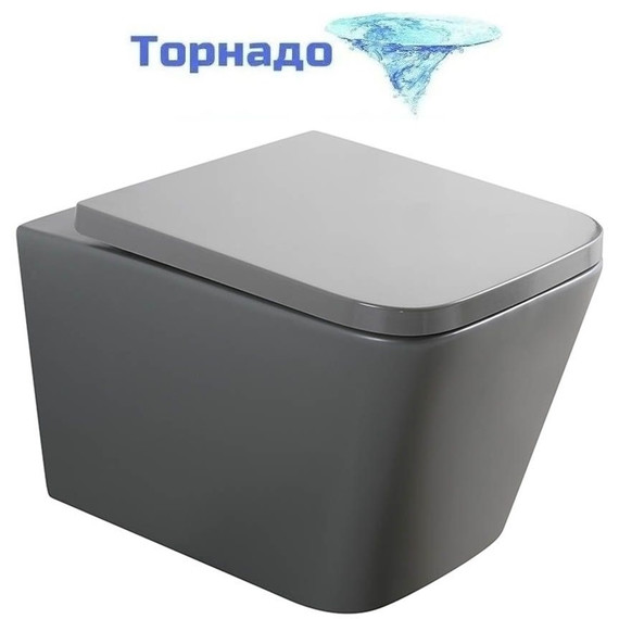 Унитаз подвесной безободковый Veconi Pulo VPU-51TGR (Система смыва торнадо) с тонкой крышкой микролифт, серый матовый фото 