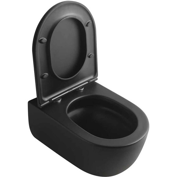 Унитаз подвесной безободковый Veconi Rino VRI-49TB (Система смыва торнадо) с тонкой крышкой микролифт, чёрный матовый фото 2