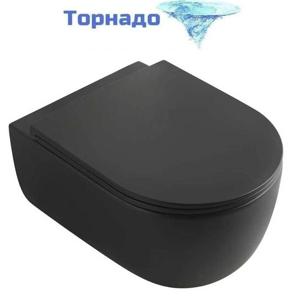 Унитаз подвесной безободковый Veconi Rino VRI-49TB (Система смыва торнадо) с тонкой крышкой микролифт, чёрный матовый фото 
